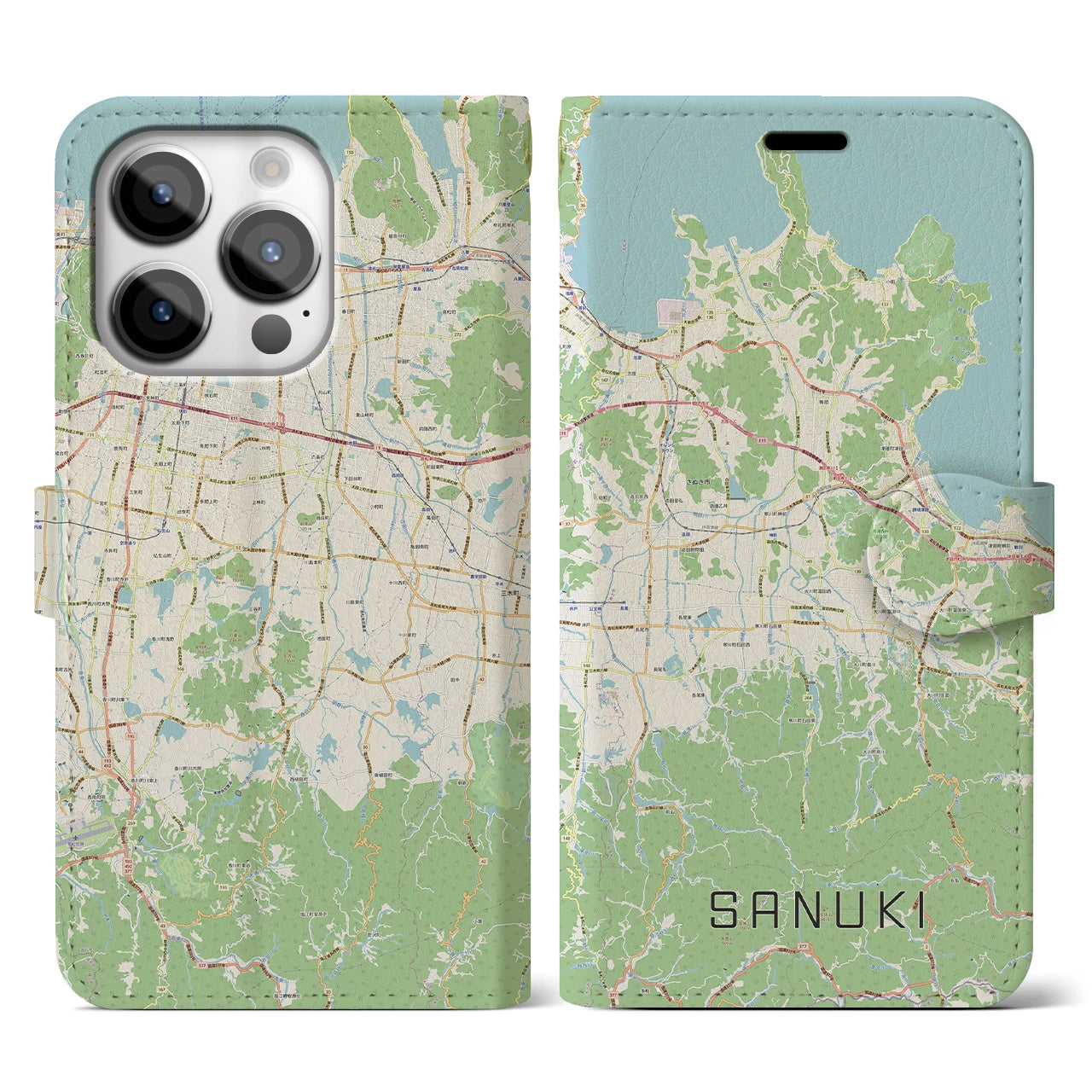【さぬき(香川県)】地図柄iPhoneケース(手帳タイプ)ナチュラル・iPhone 14 Pro 用