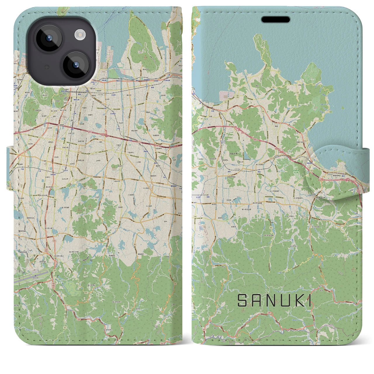 【さぬき(香川県)】地図柄iPhoneケース(手帳タイプ)ナチュラル・iPhone 14 Plus 用