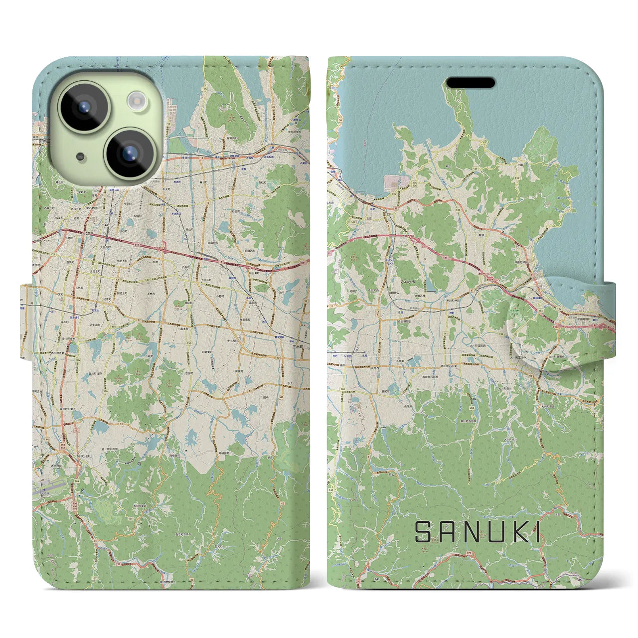 【さぬき(香川県)】地図柄iPhoneケース(手帳タイプ)ナチュラル・iPhone 15 用