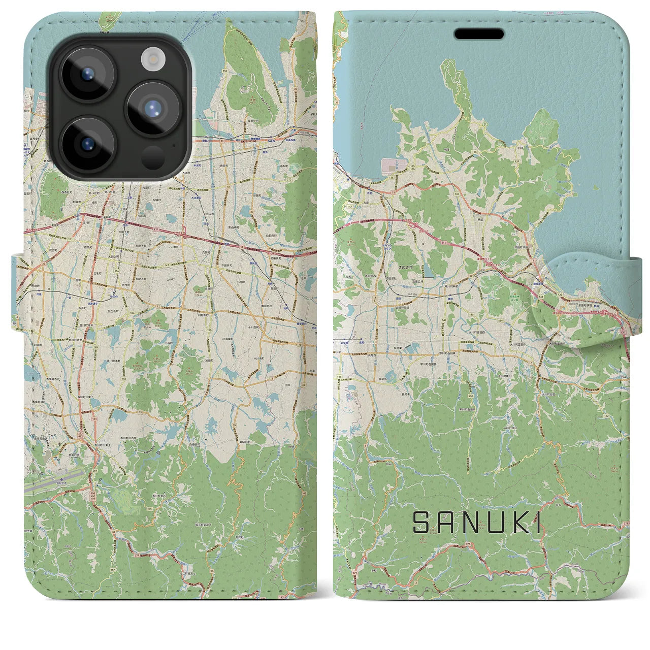 【さぬき(香川県)】地図柄iPhoneケース(手帳タイプ)ナチュラル・iPhone 15 Pro Max 用