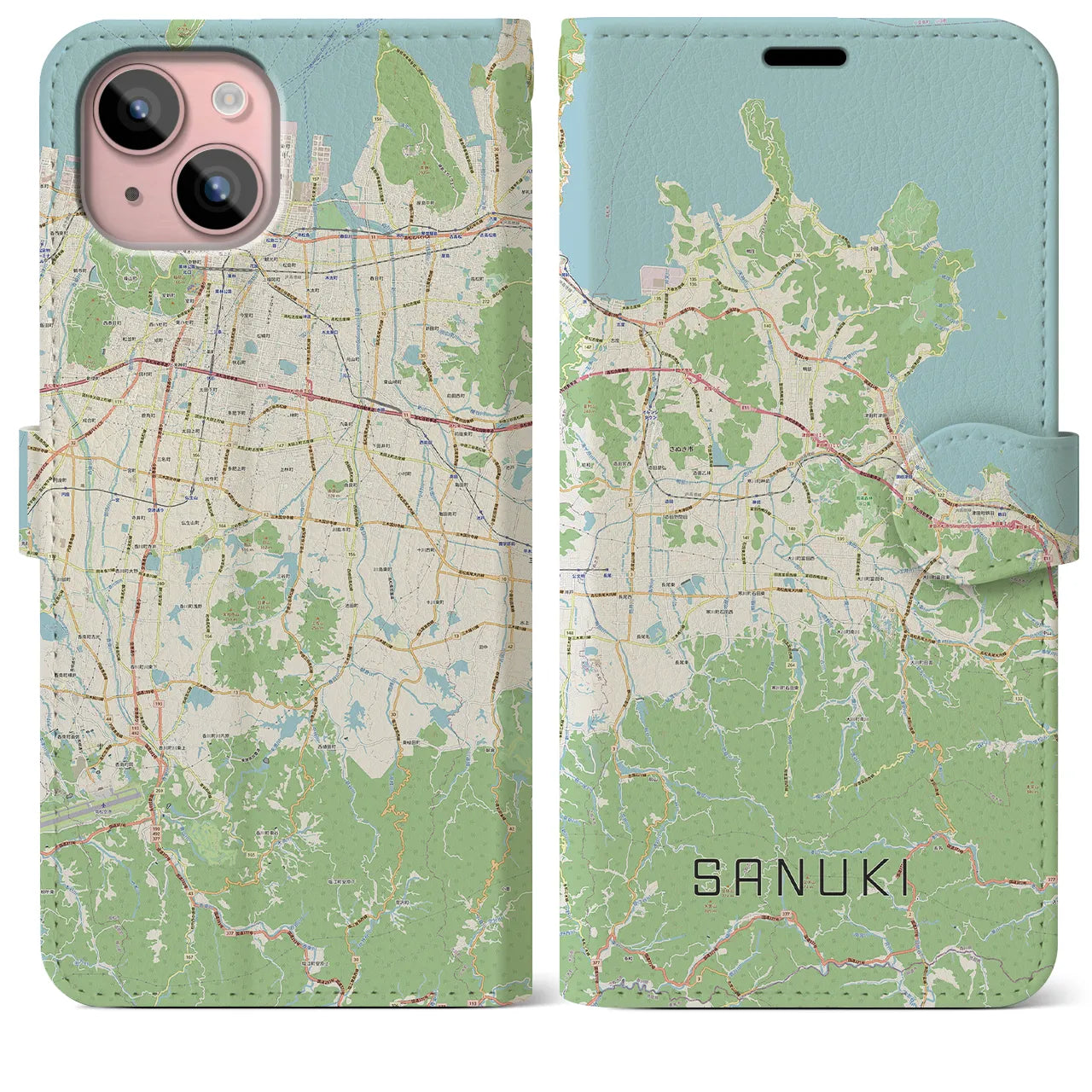 【さぬき(香川県)】地図柄iPhoneケース(手帳タイプ)ナチュラル・iPhone 15 Plus 用