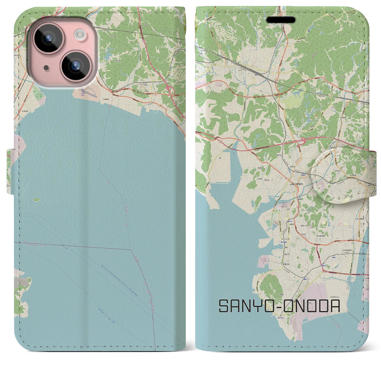 【山陽小野田(山口県)】地図柄iPhoneケース(手帳タイプ)ナチュラル・iPhone 15 Plus 用