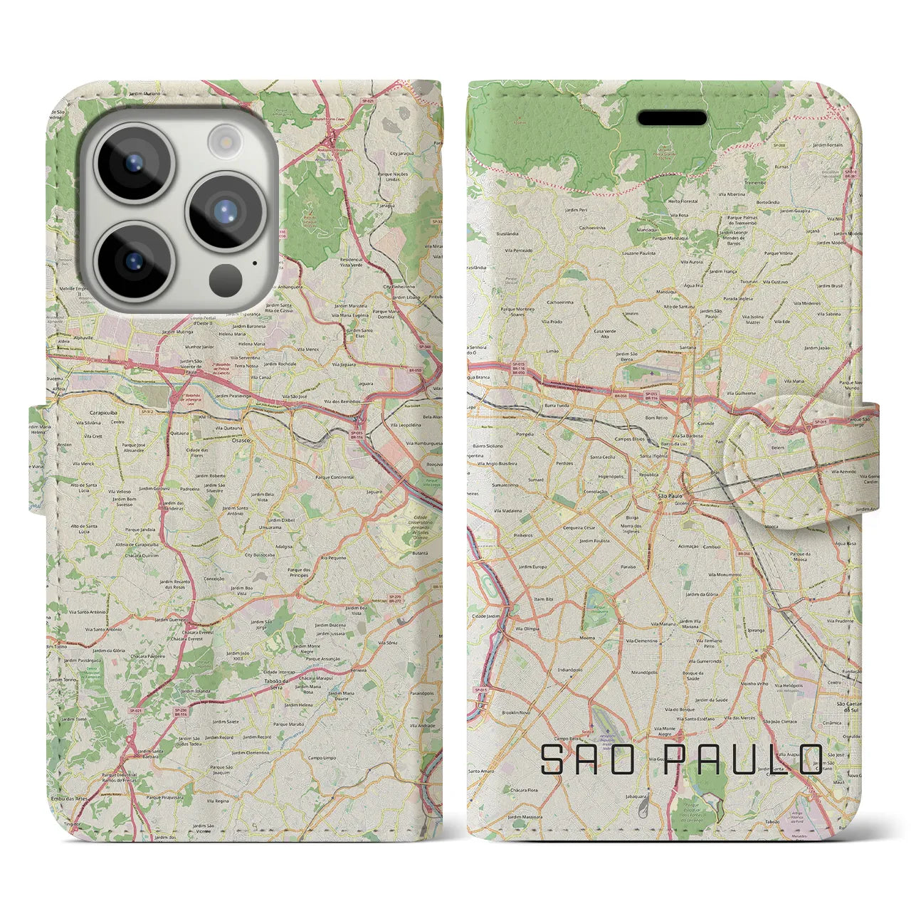 【サンパウロ(ブラジル)】地図柄iPhoneケース(手帳タイプ)ナチュラル・iPhone 15 Pro 用