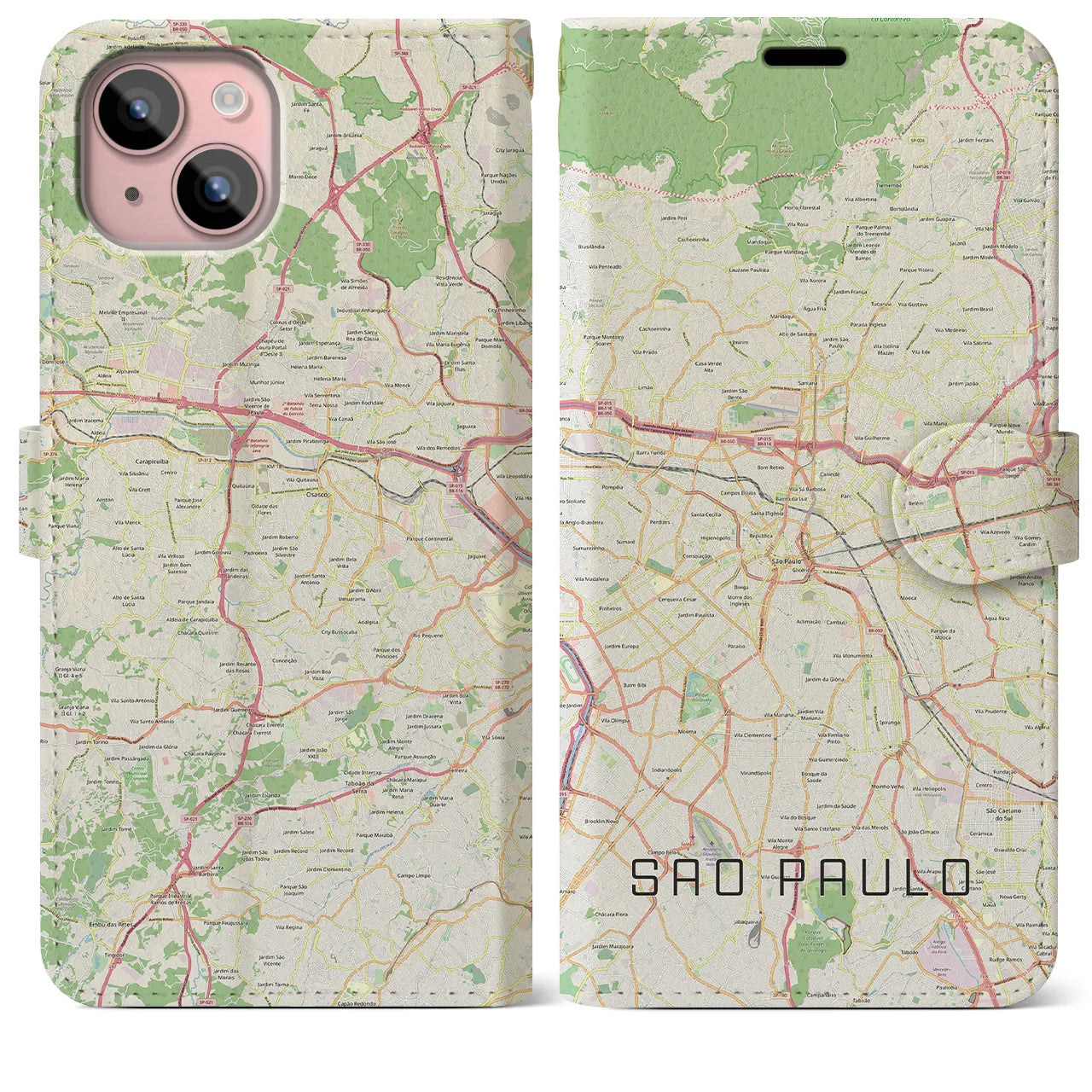 【サンパウロ(ブラジル)】地図柄iPhoneケース(手帳タイプ)ナチュラル・iPhone 15 Plus 用