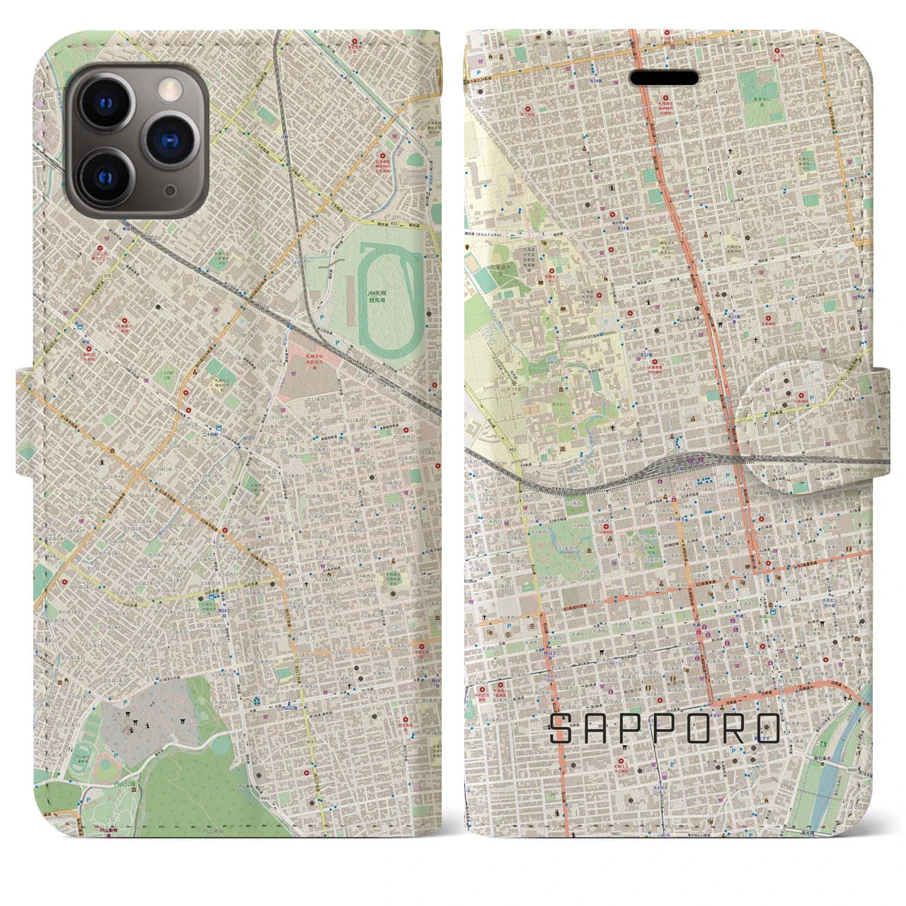 【札幌2(北海道)】地図柄iPhoneケース(手帳タイプ)ナチュラル・iPhone 11 Pro Max 用