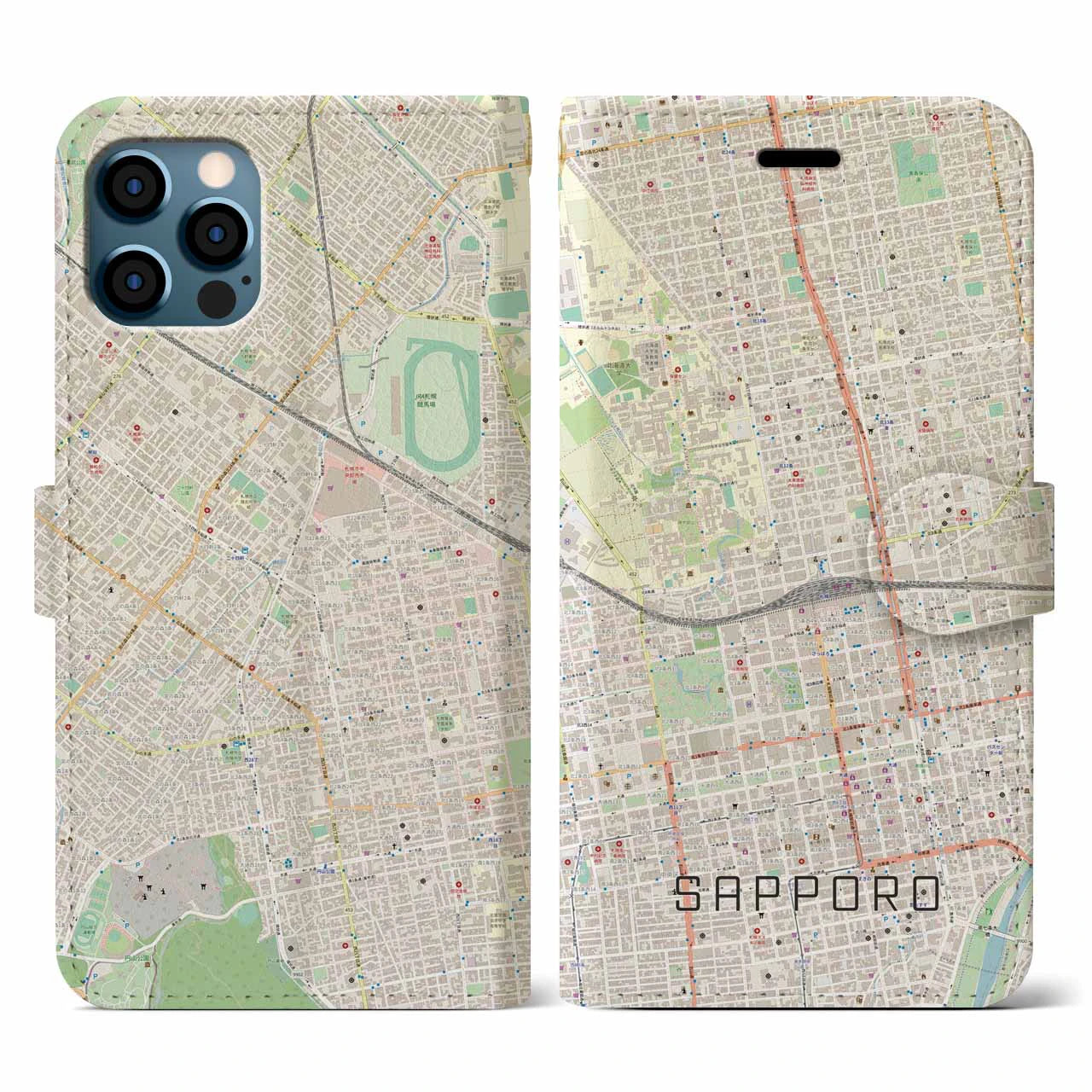 【札幌2(北海道)】地図柄iPhoneケース(手帳タイプ)ナチュラル・iPhone 12 / 12 Pro 用