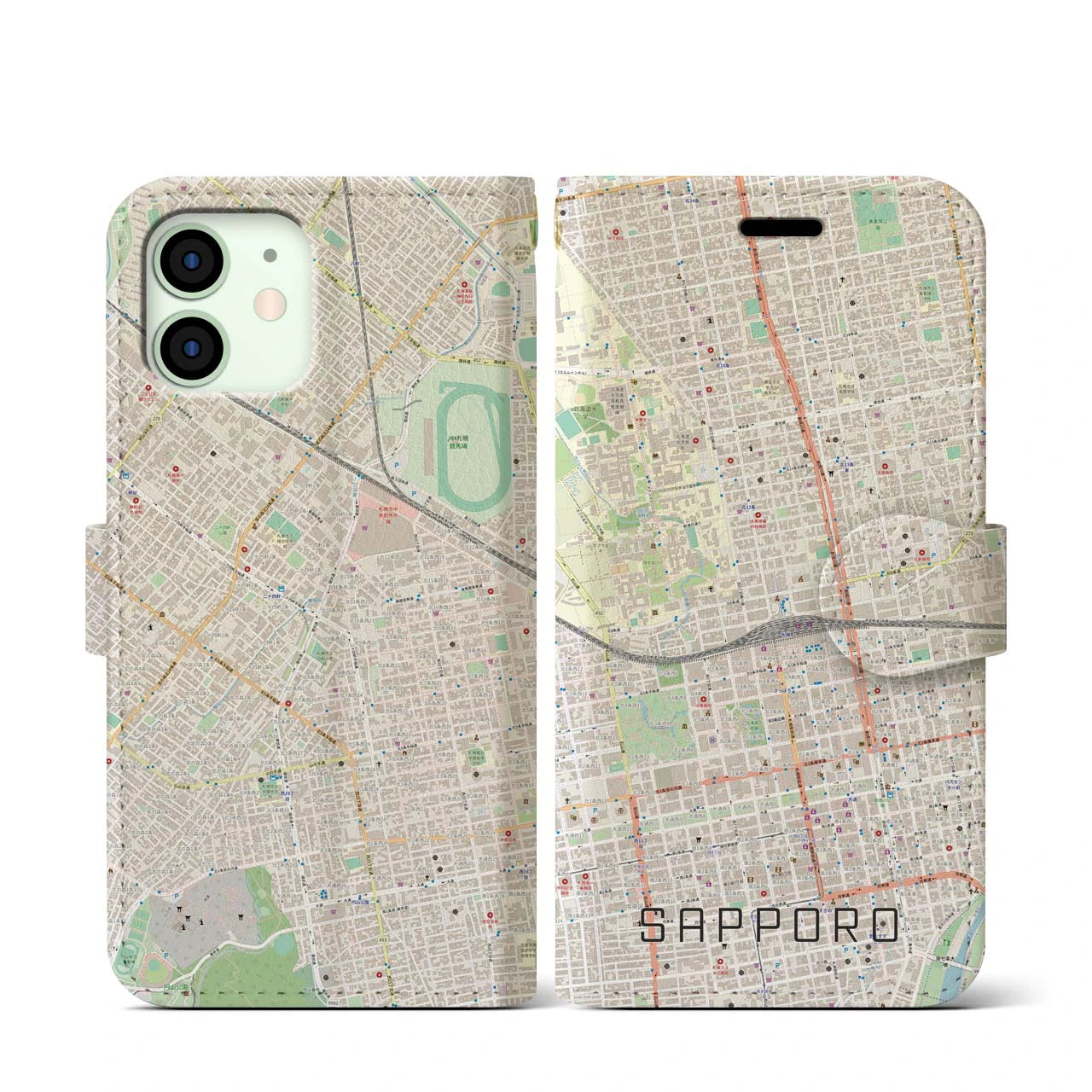 【札幌2(北海道)】地図柄iPhoneケース(手帳タイプ)ナチュラル・iPhone 12 mini 用