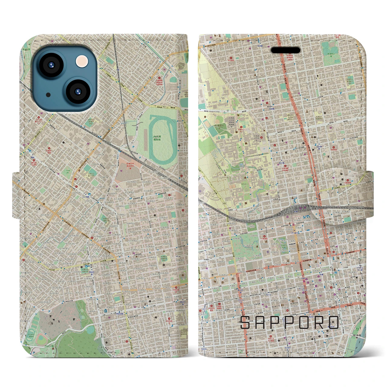 【札幌2(北海道)】地図柄iPhoneケース(手帳タイプ)ナチュラル・iPhone 13 用