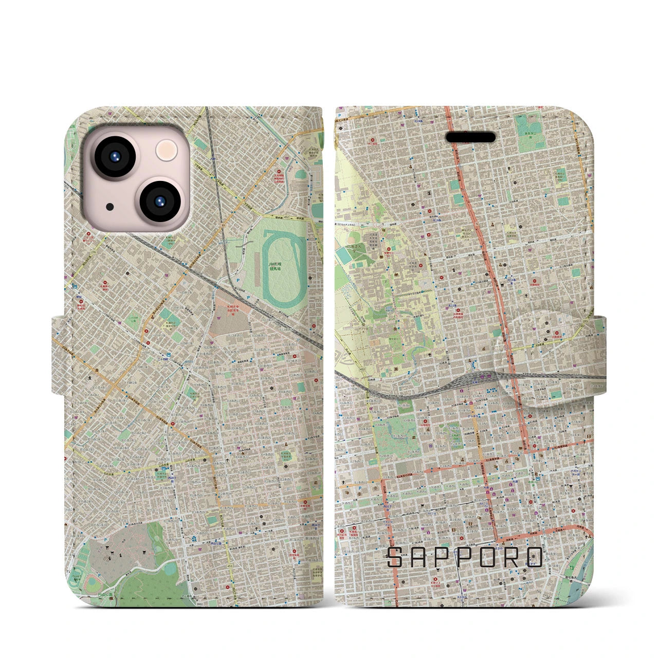 【札幌2(北海道)】地図柄iPhoneケース(手帳タイプ)ナチュラル・iPhone 13 mini 用