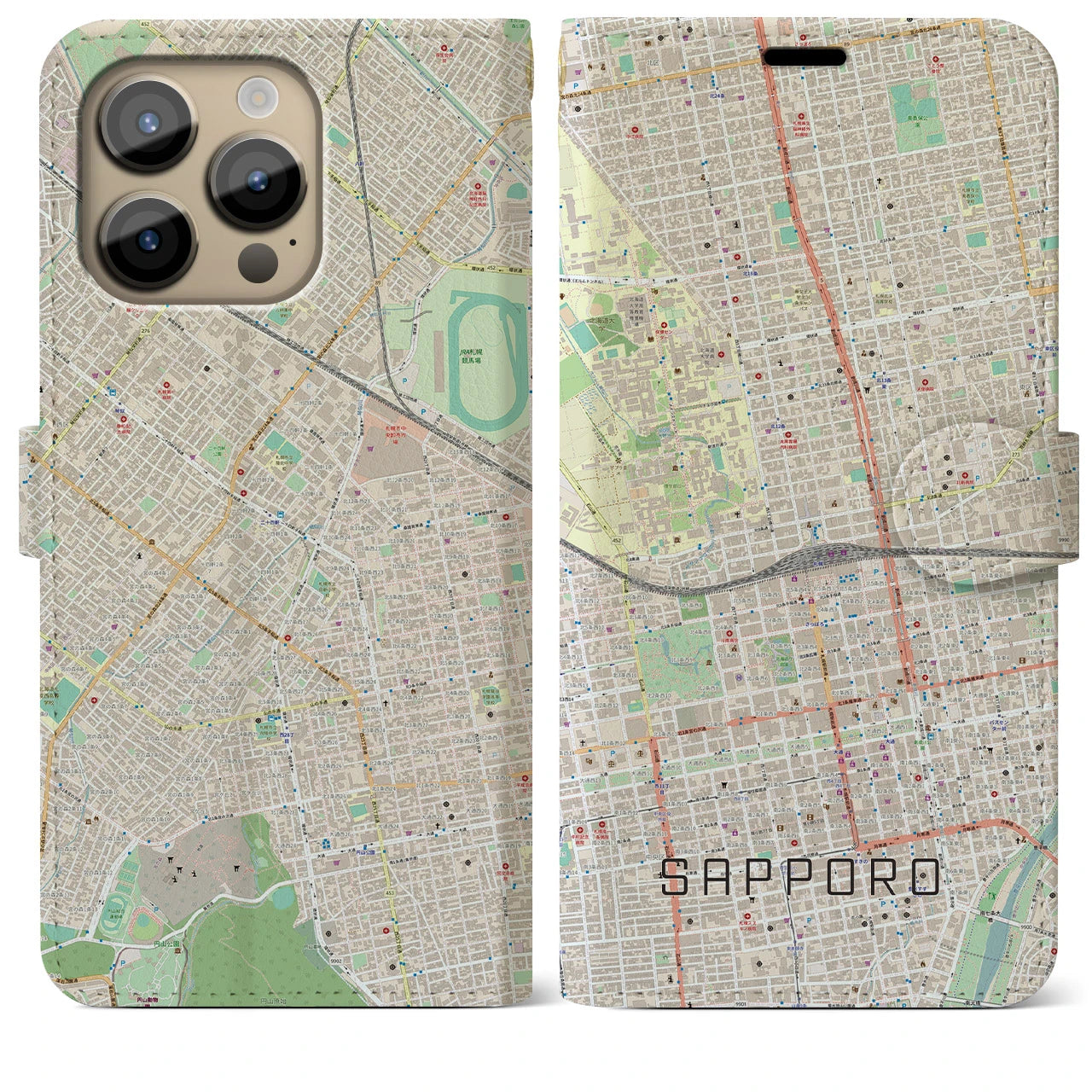 【札幌2(北海道)】地図柄iPhoneケース(手帳タイプ)ナチュラル・iPhone 14 Pro Max 用