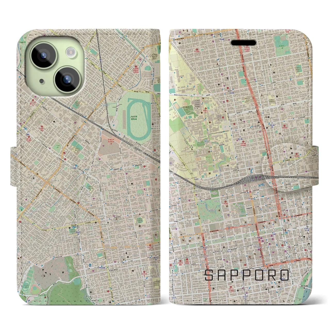 【札幌2(北海道)】地図柄iPhoneケース(手帳タイプ)ナチュラル・iPhone 15 用