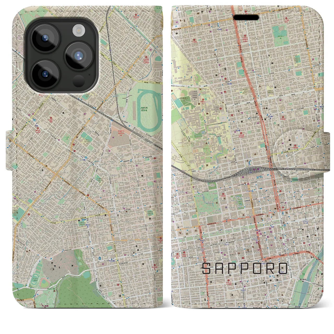 【札幌2(北海道)】地図柄iPhoneケース(手帳タイプ)ナチュラル・iPhone 15 Pro Max 用