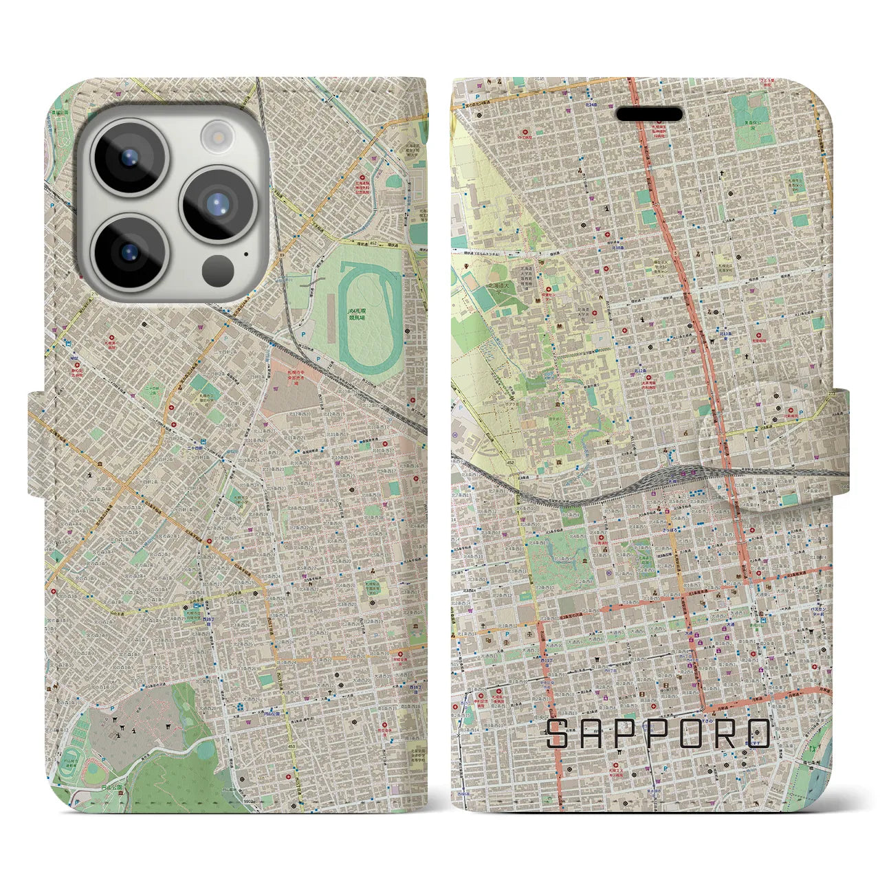 【札幌2(北海道)】地図柄iPhoneケース(手帳タイプ)ナチュラル・iPhone 15 Pro 用