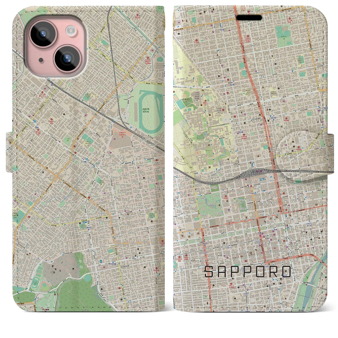 【札幌2(北海道)】地図柄iPhoneケース(手帳タイプ)ナチュラル・iPhone 15 Plus 用