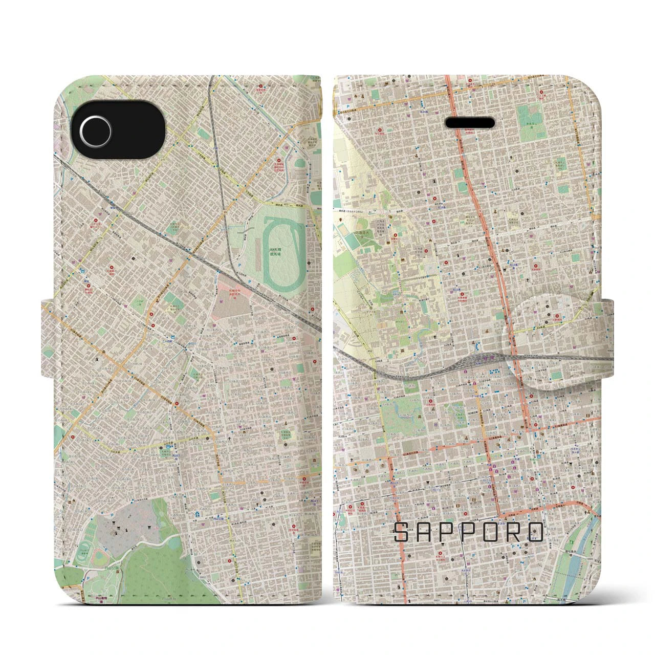 【札幌2(北海道)】地図柄iPhoneケース(手帳タイプ)ナチュラル・iPhone SE(第3 / 第2世代) / 8 / 7 / 6s / 6 用