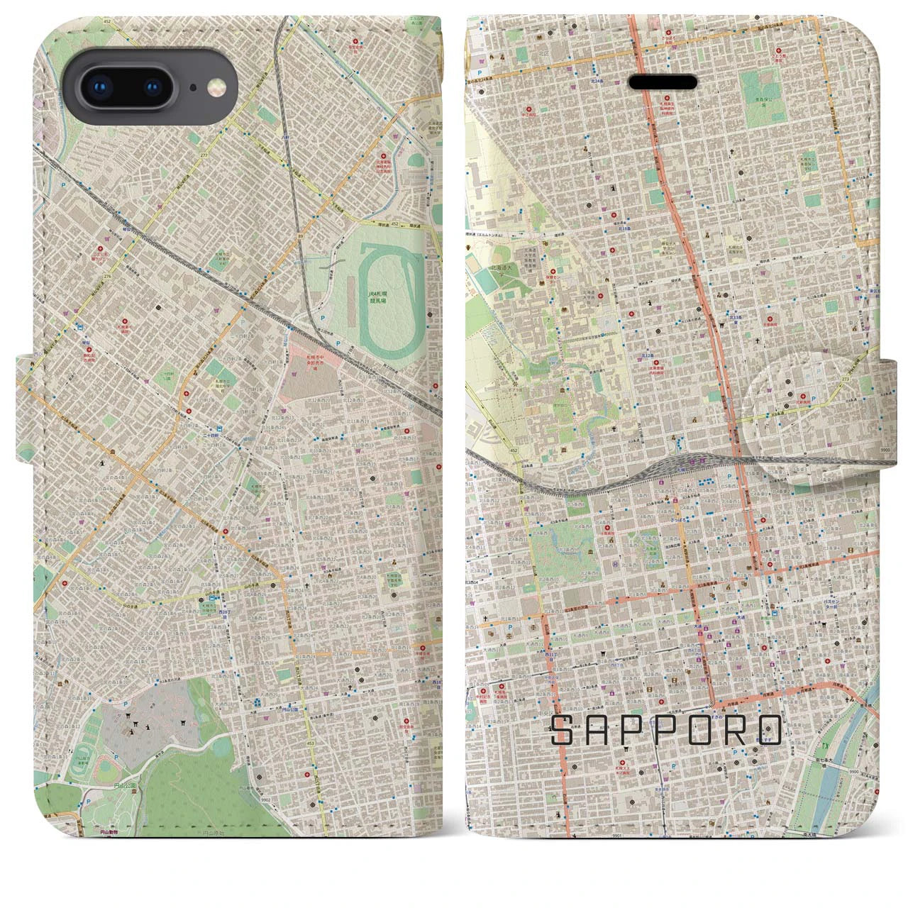【札幌2(北海道)】地図柄iPhoneケース(手帳タイプ)ナチュラル・iPhone 8Plus /7Plus / 6sPlus / 6Plus 用