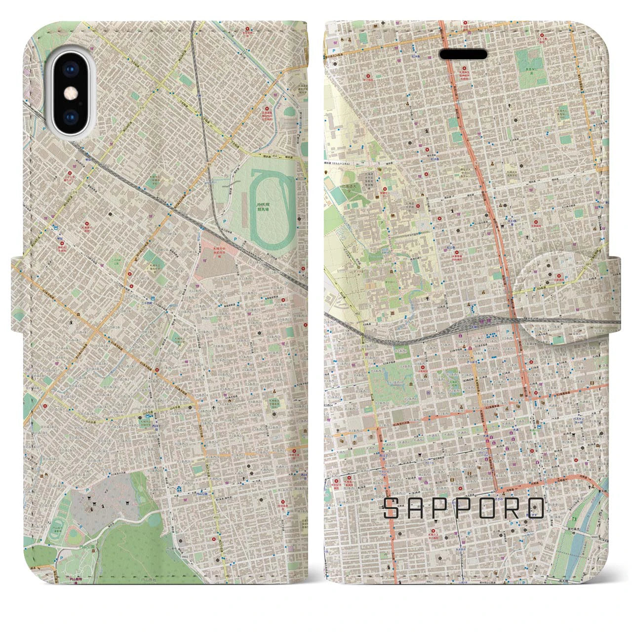 【札幌2(北海道)】地図柄iPhoneケース(手帳タイプ)ナチュラル・iPhone XS Max 用