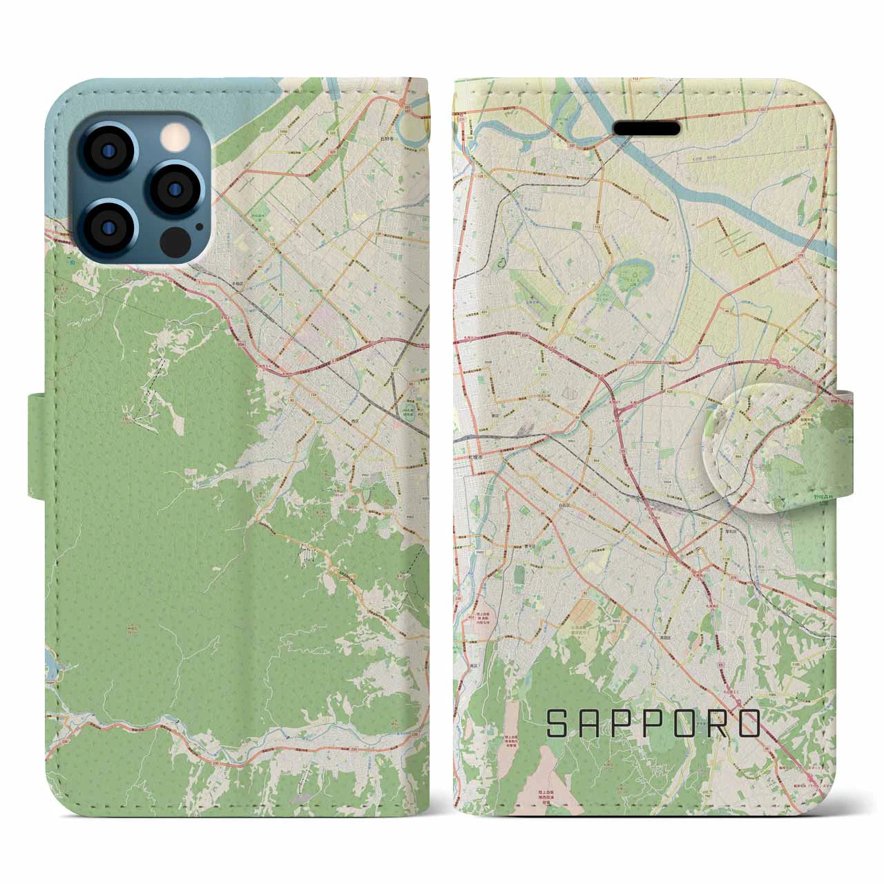 【札幌3(北海道)】地図柄iPhoneケース(手帳タイプ)ナチュラル・iPhone 12 / 12 Pro 用
