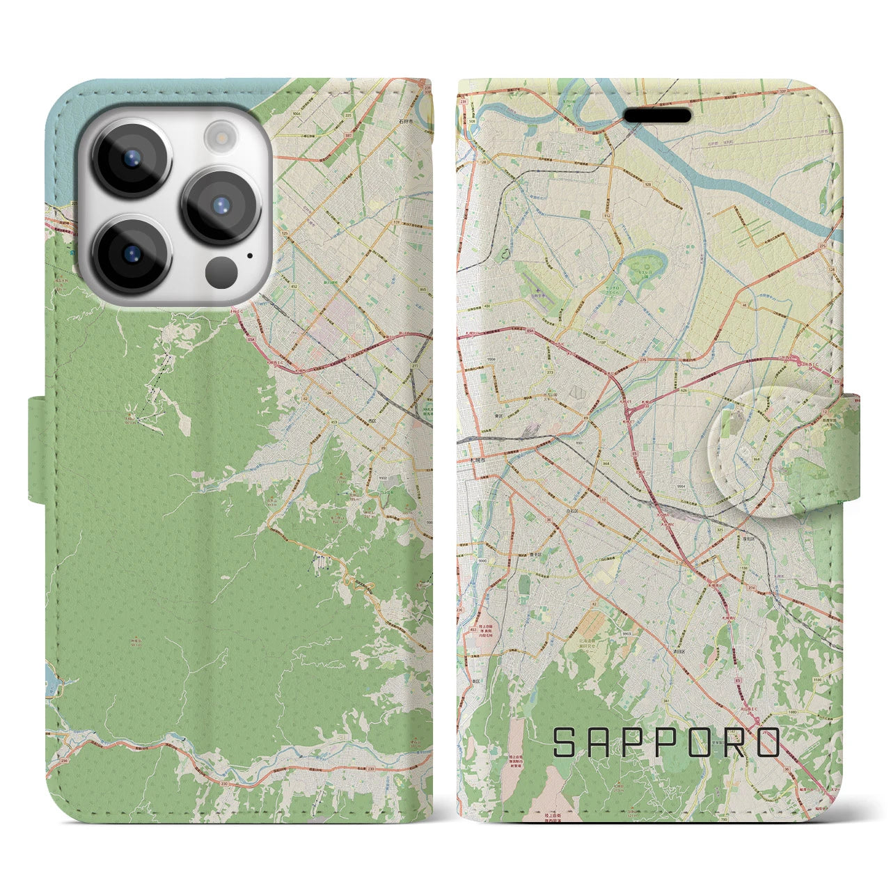 【札幌3(北海道)】地図柄iPhoneケース(手帳タイプ)ナチュラル・iPhone 14 Pro 用