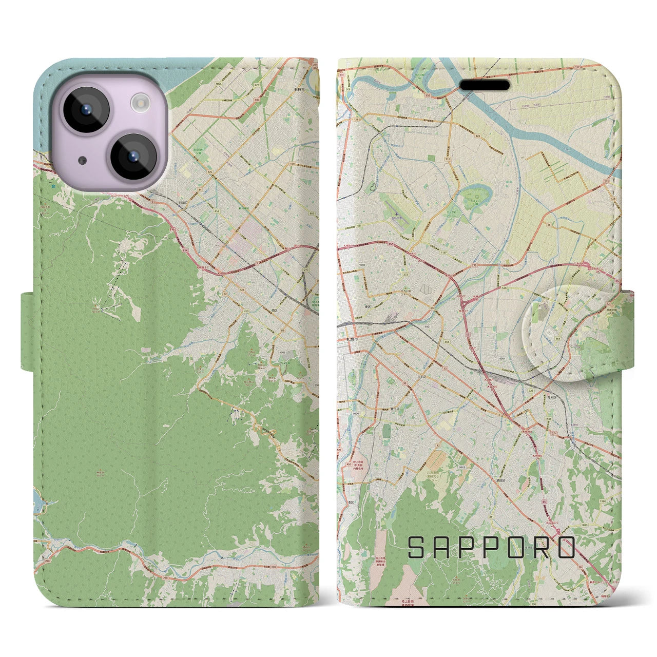 【札幌3(北海道)】地図柄iPhoneケース(手帳タイプ)ナチュラル・iPhone 14 用