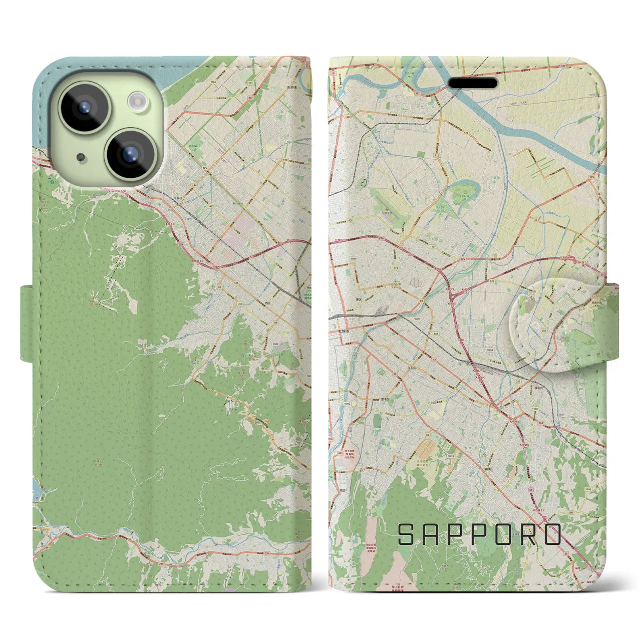 【札幌3(北海道)】地図柄iPhoneケース(手帳タイプ)ナチュラル・iPhone 15 用