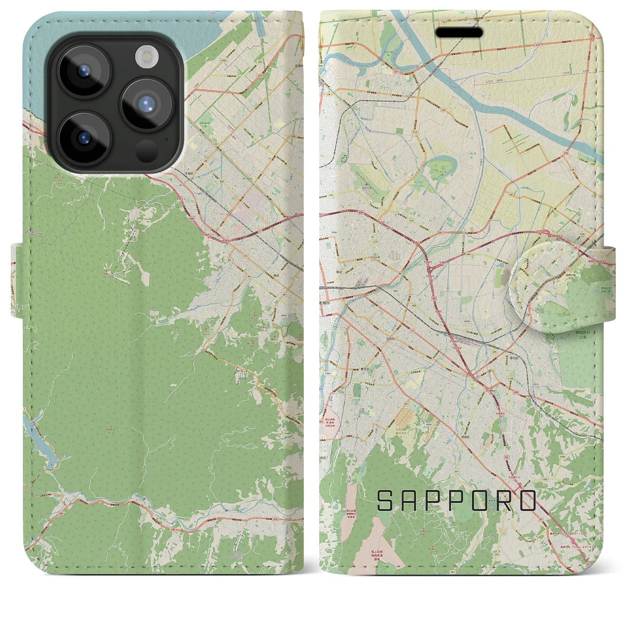 【札幌3(北海道)】地図柄iPhoneケース(手帳タイプ)ナチュラル・iPhone 15 Pro Max 用
