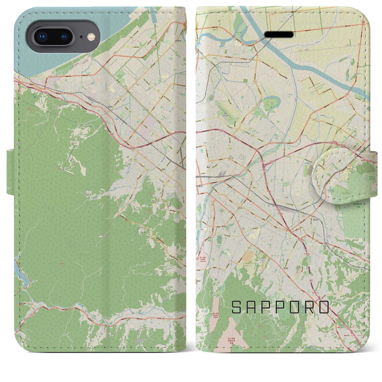 【札幌3(北海道)】地図柄iPhoneケース(手帳タイプ)ナチュラル・iPhone 8Plus /7Plus / 6sPlus / 6Plus 用