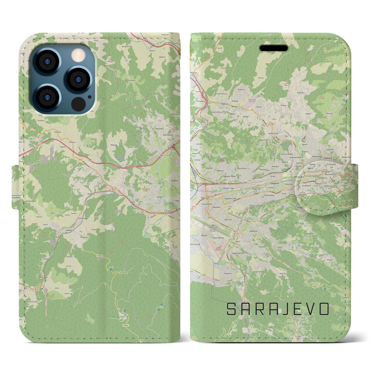 【サラエヴォ(ボスニア・ヘルツェゴビナ)】地図柄iPhoneケース(手帳タイプ)ナチュラル・iPhone 12 / 12 Pro 用