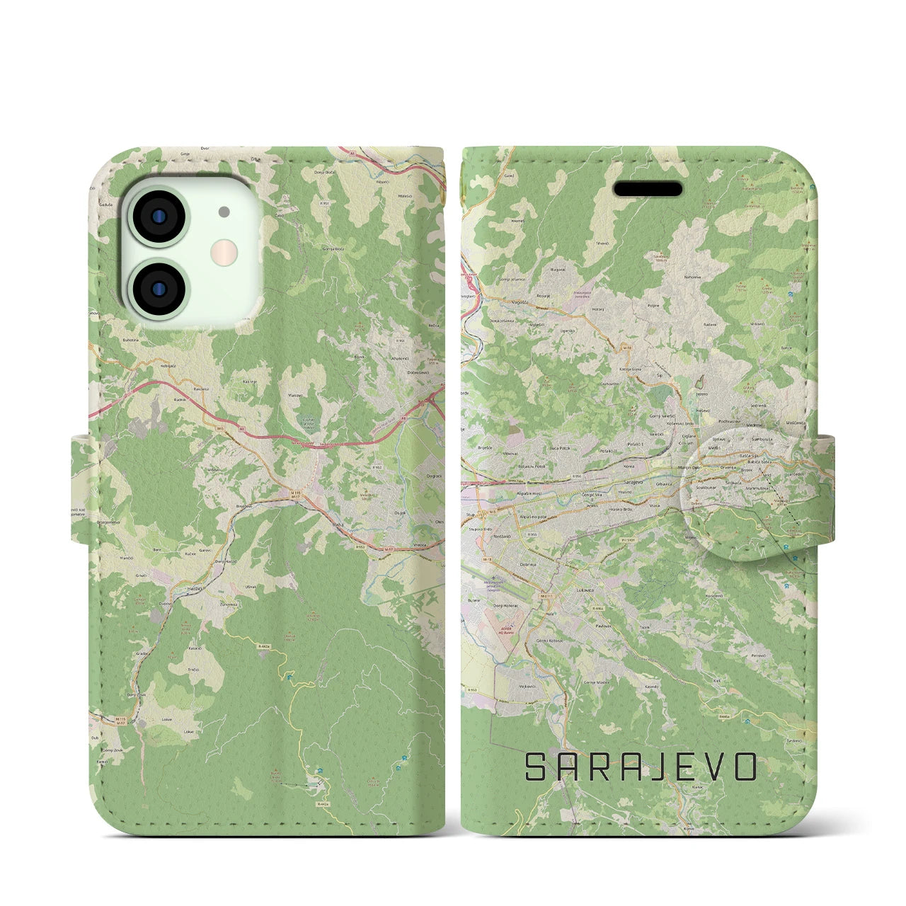 【サラエヴォ(ボスニア・ヘルツェゴビナ)】地図柄iPhoneケース(手帳タイプ)ナチュラル・iPhone 12 mini 用