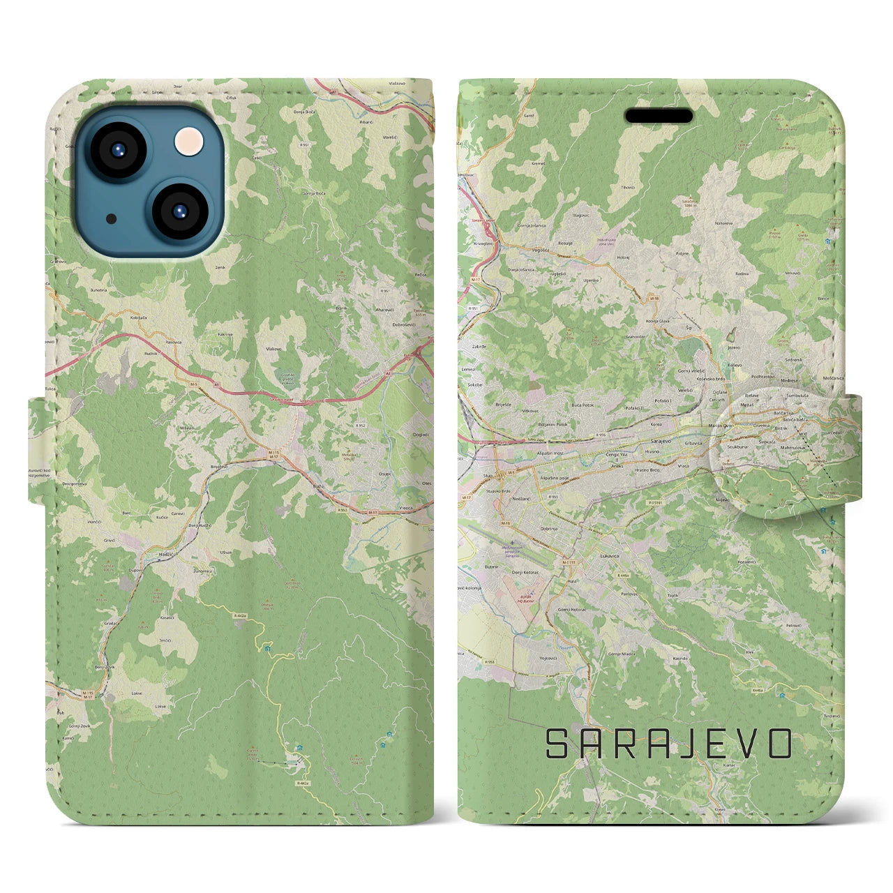【サラエヴォ(ボスニア・ヘルツェゴビナ)】地図柄iPhoneケース(手帳タイプ)ナチュラル・iPhone 13 用