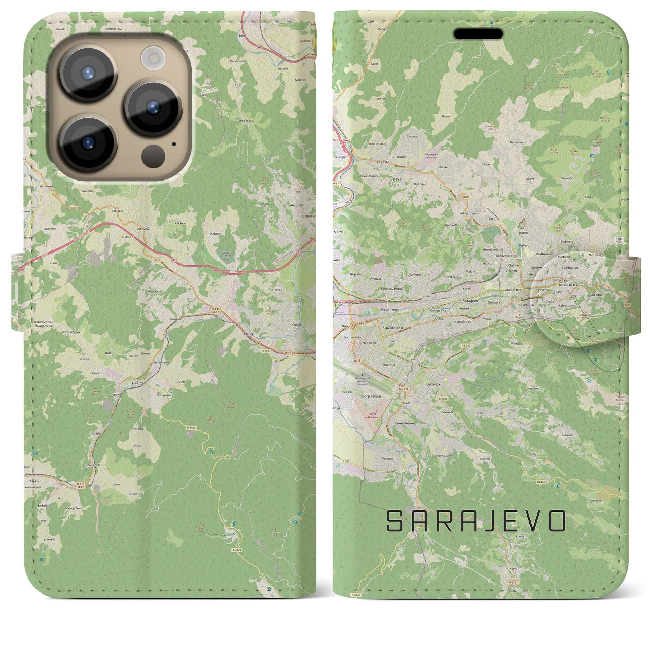 【サラエヴォ(ボスニア・ヘルツェゴビナ)】地図柄iPhoneケース(手帳タイプ)ナチュラル・iPhone 14 Pro Max 用
