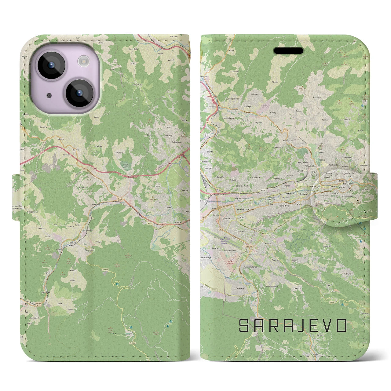 【サラエヴォ(ボスニア・ヘルツェゴビナ)】地図柄iPhoneケース(手帳タイプ)ナチュラル・iPhone 14 用