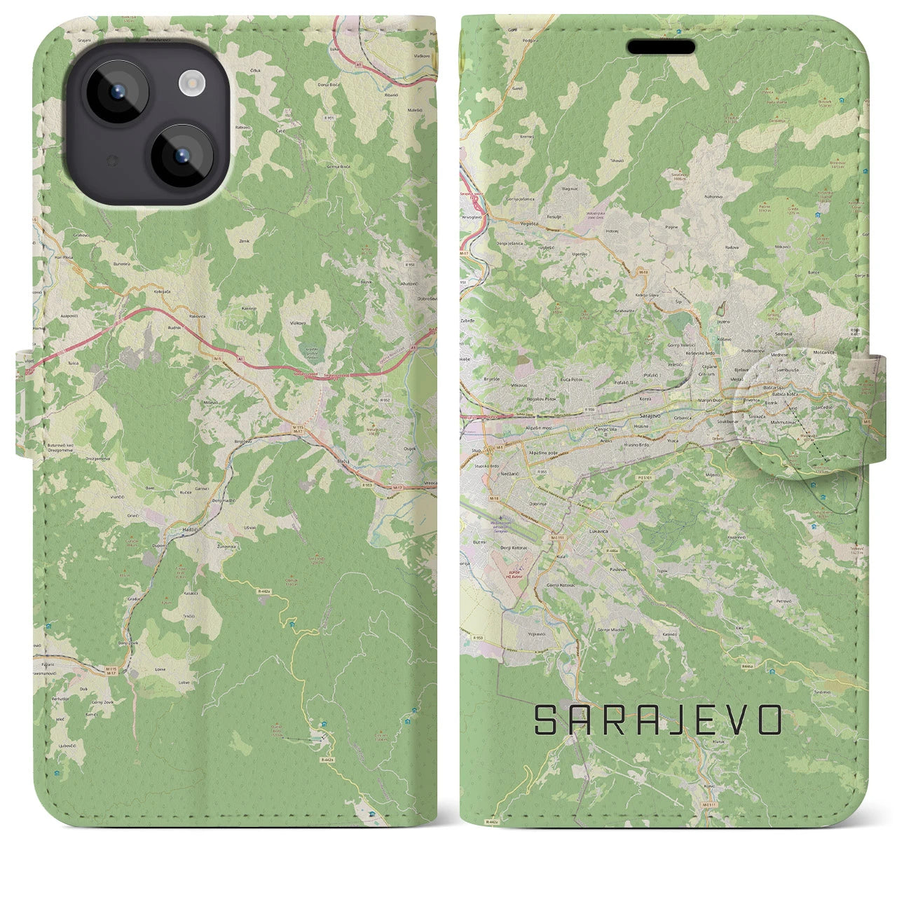 【サラエヴォ(ボスニア・ヘルツェゴビナ)】地図柄iPhoneケース(手帳タイプ)ナチュラル・iPhone 14 Plus 用