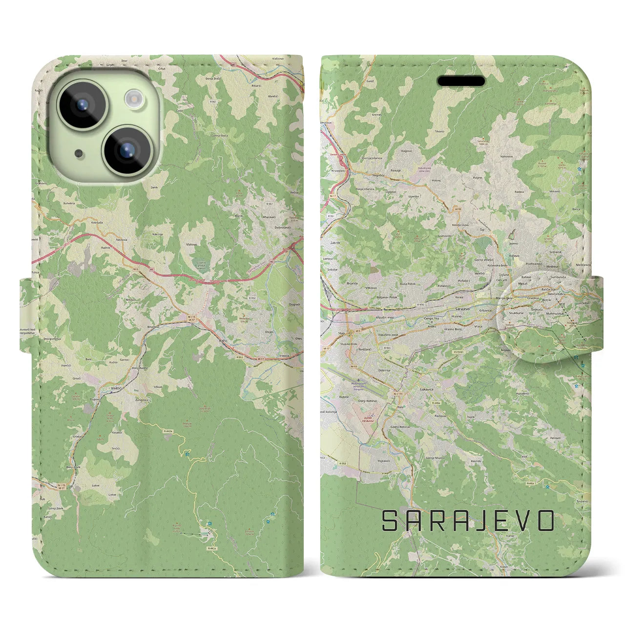【サラエヴォ(ボスニア・ヘルツェゴビナ)】地図柄iPhoneケース(手帳タイプ)ナチュラル・iPhone 15 用