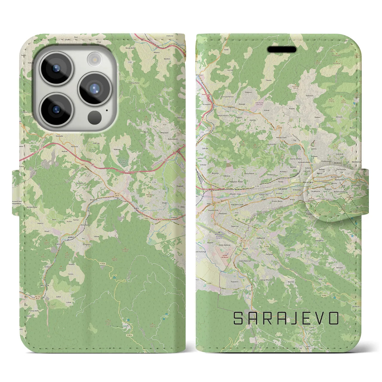【サラエヴォ(ボスニア・ヘルツェゴビナ)】地図柄iPhoneケース(手帳タイプ)ナチュラル・iPhone 15 Pro 用