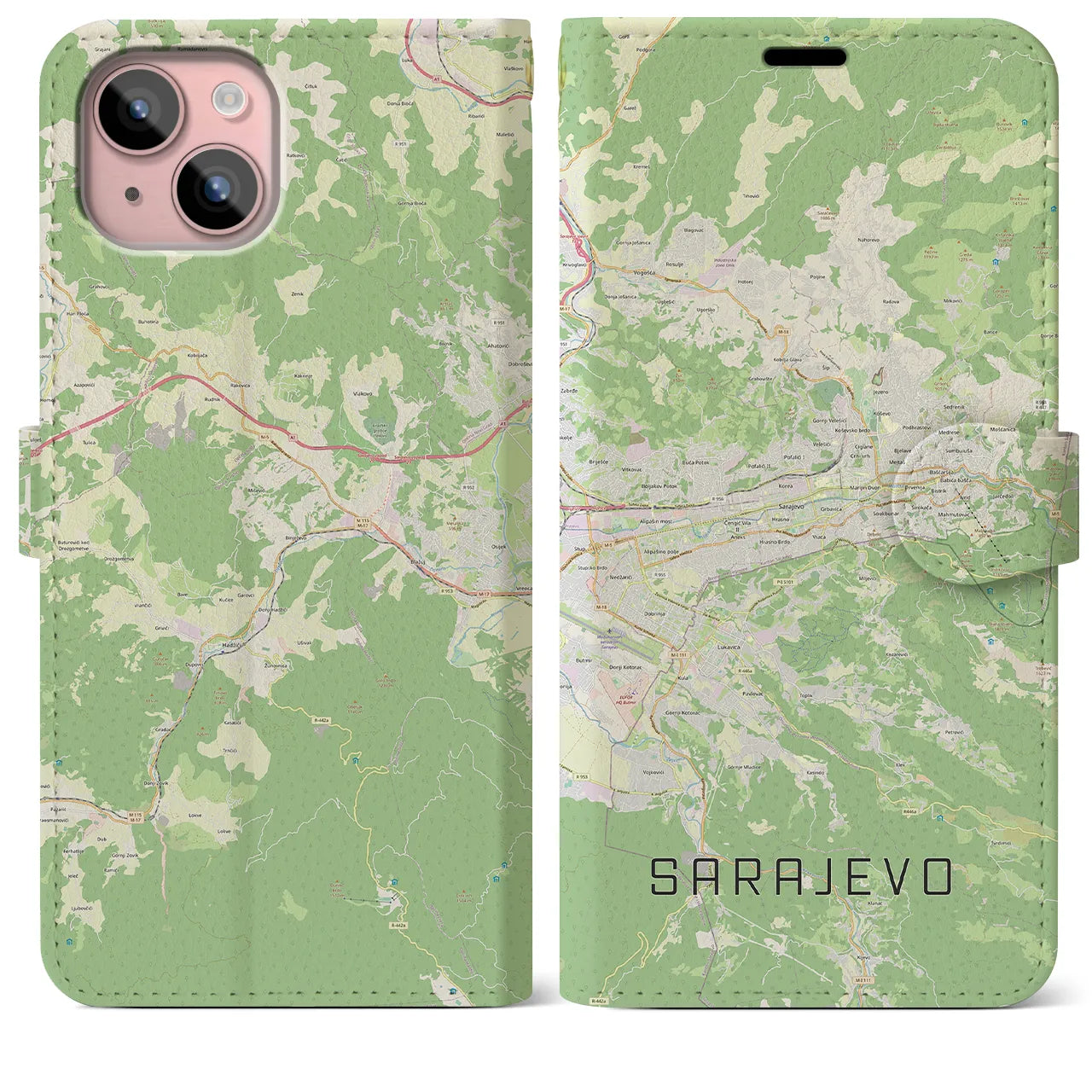 【サラエヴォ(ボスニア・ヘルツェゴビナ)】地図柄iPhoneケース(手帳タイプ)ナチュラル・iPhone 15 Plus 用