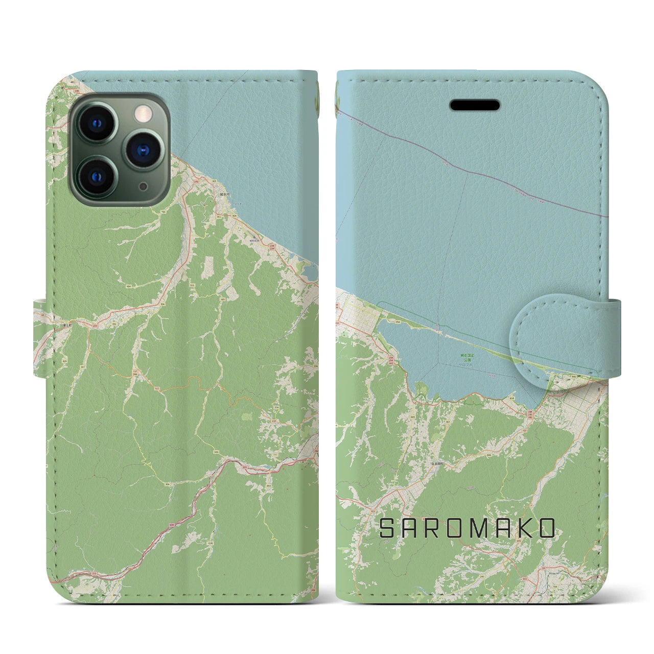 【サロマ湖(北海道)】地図柄iPhoneケース(手帳タイプ)ナチュラル・iPhone 11 Pro 用