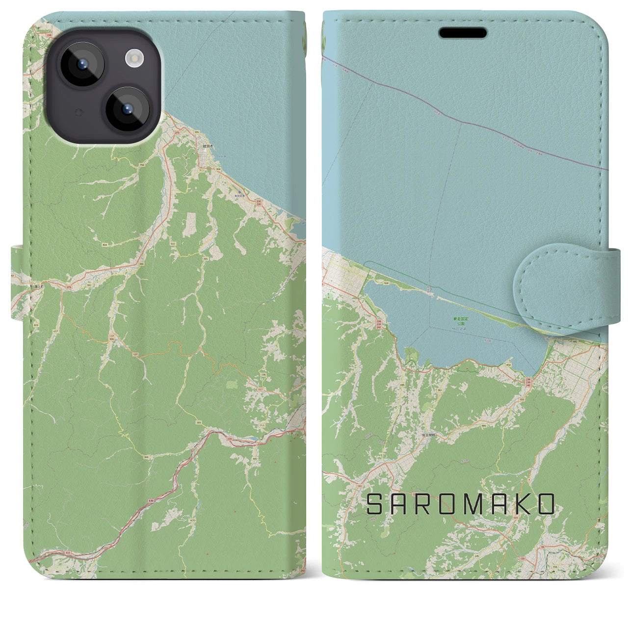 【サロマ湖(北海道)】地図柄iPhoneケース(手帳タイプ)ナチュラル・iPhone 14 Plus 用