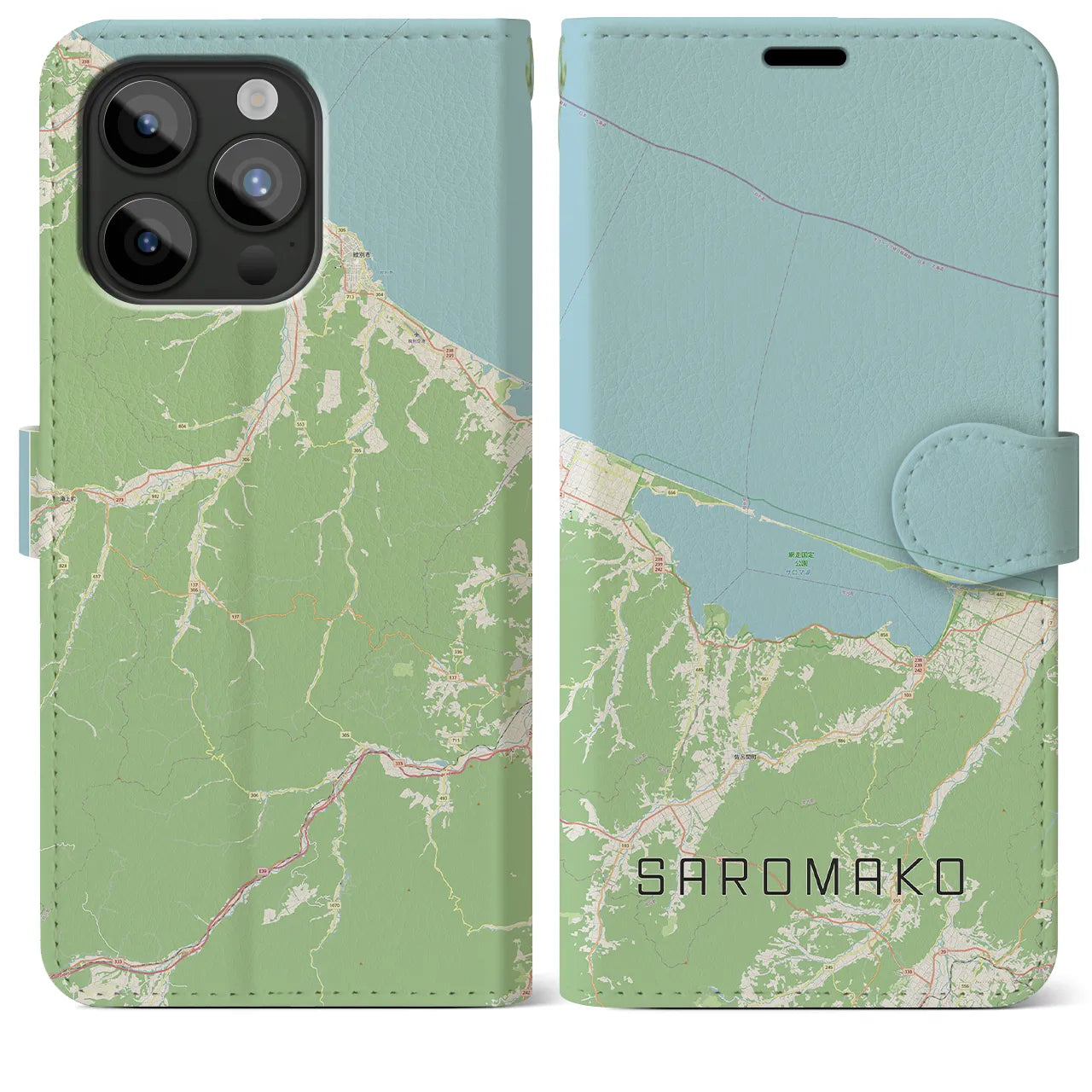 【サロマ湖(北海道)】地図柄iPhoneケース(手帳タイプ)ナチュラル・iPhone 15 Pro Max 用