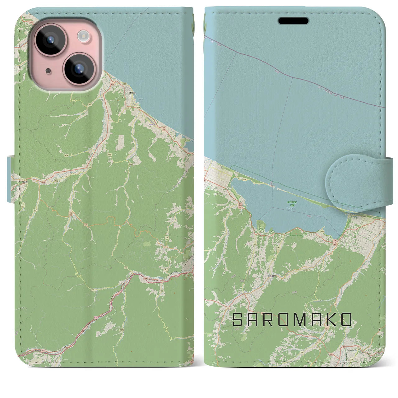 【サロマ湖(北海道)】地図柄iPhoneケース(手帳タイプ)ナチュラル・iPhone 15 Plus 用