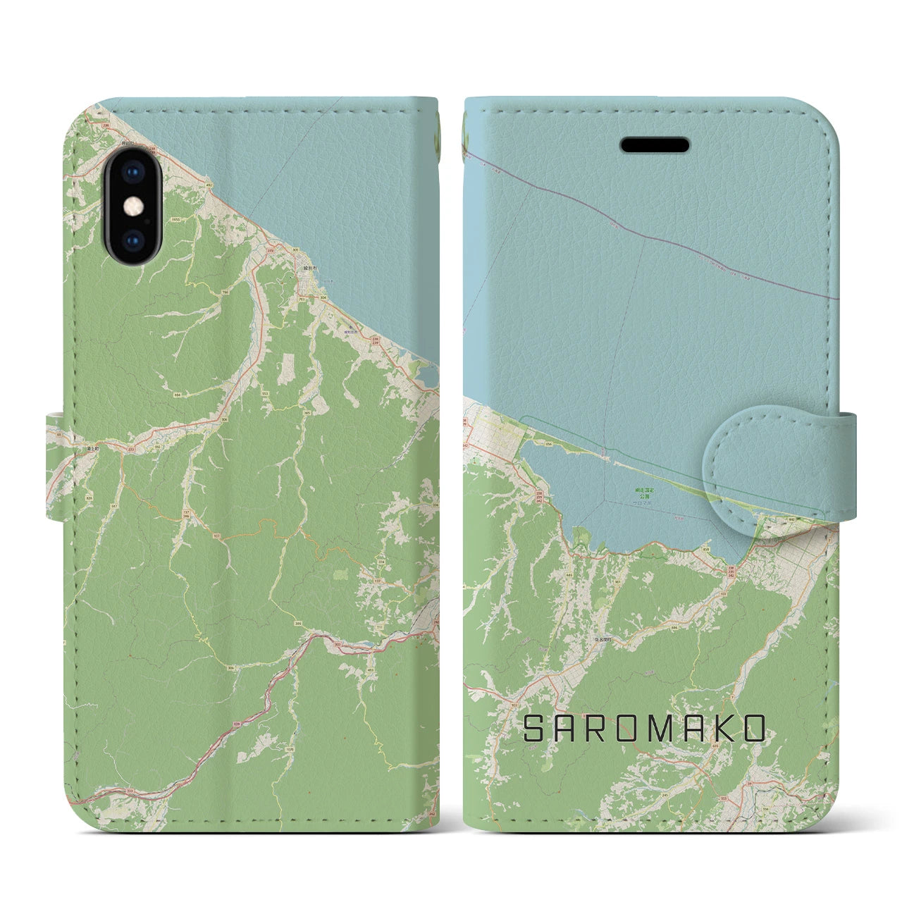 【サロマ湖(北海道)】地図柄iPhoneケース(手帳タイプ)ナチュラル・iPhone XS / X 用