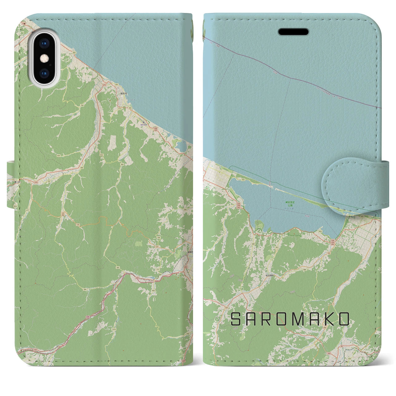 【サロマ湖(北海道)】地図柄iPhoneケース(手帳タイプ)ナチュラル・iPhone XS Max 用