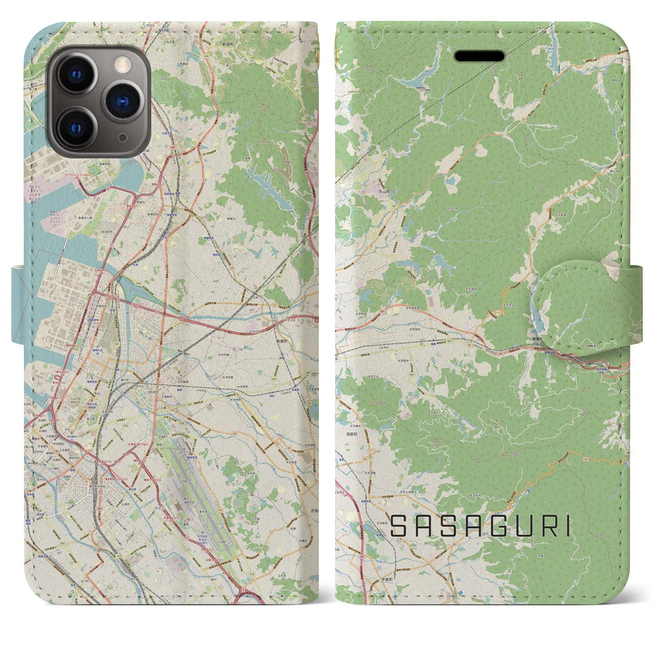 【篠栗(福岡県)】地図柄iPhoneケース(手帳タイプ)ナチュラル・iPhone 11 Pro Max 用