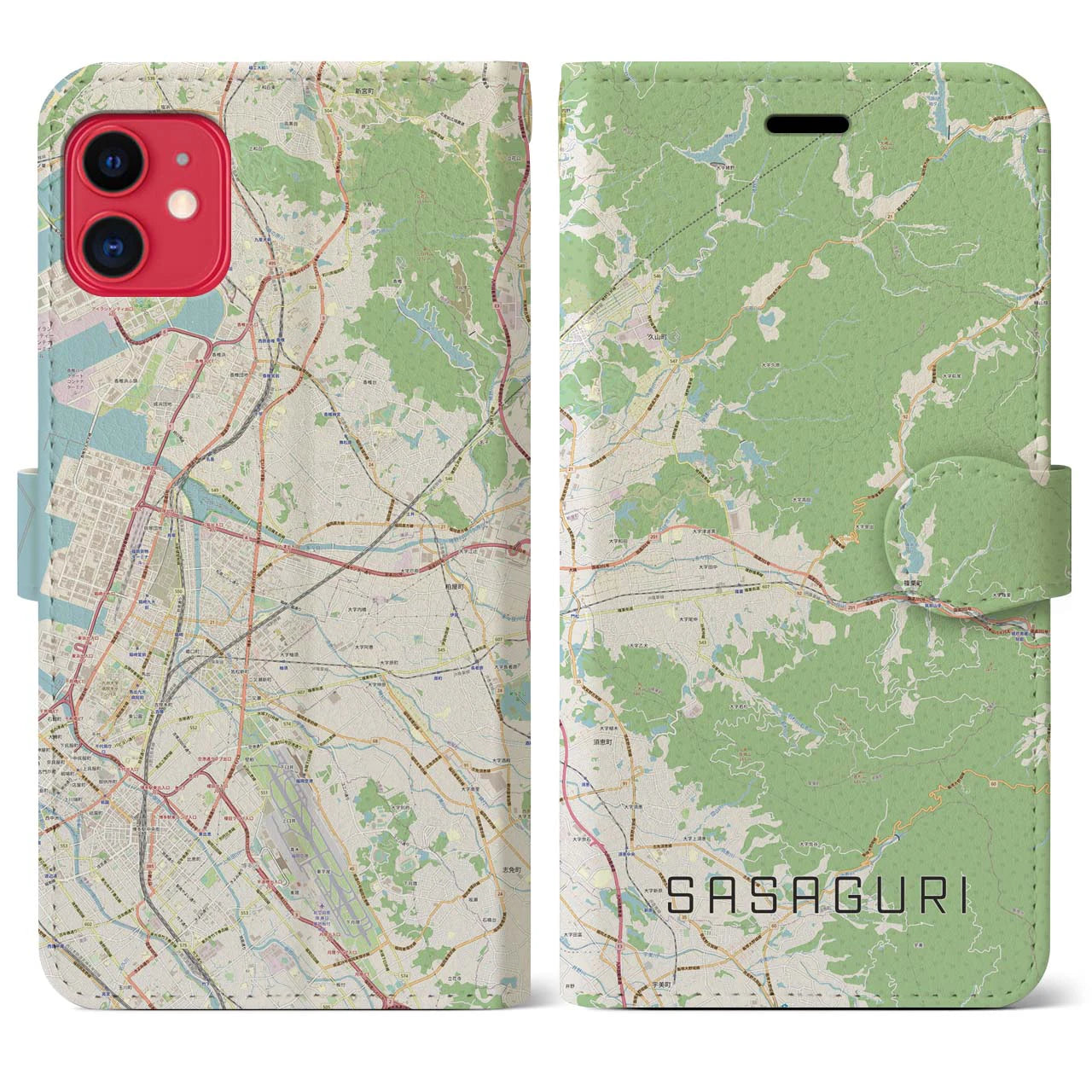 【篠栗(福岡県)】地図柄iPhoneケース(手帳タイプ)ナチュラル・iPhone 11 用