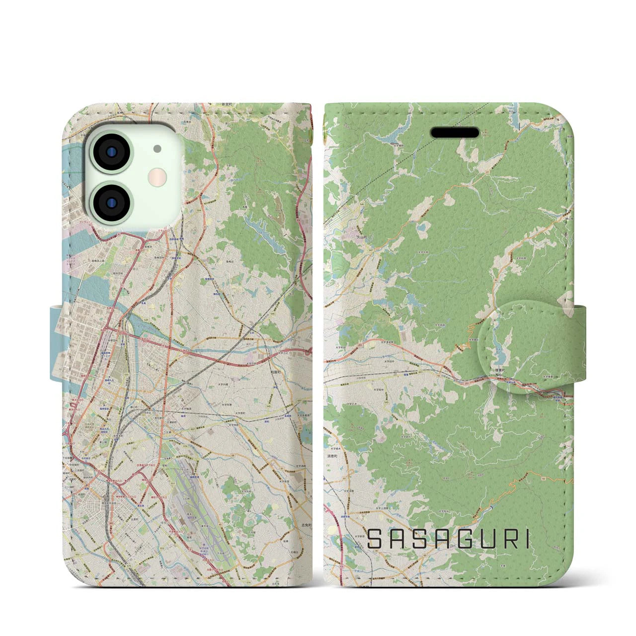 【篠栗(福岡県)】地図柄iPhoneケース(手帳タイプ)ナチュラル・iPhone 12 mini 用