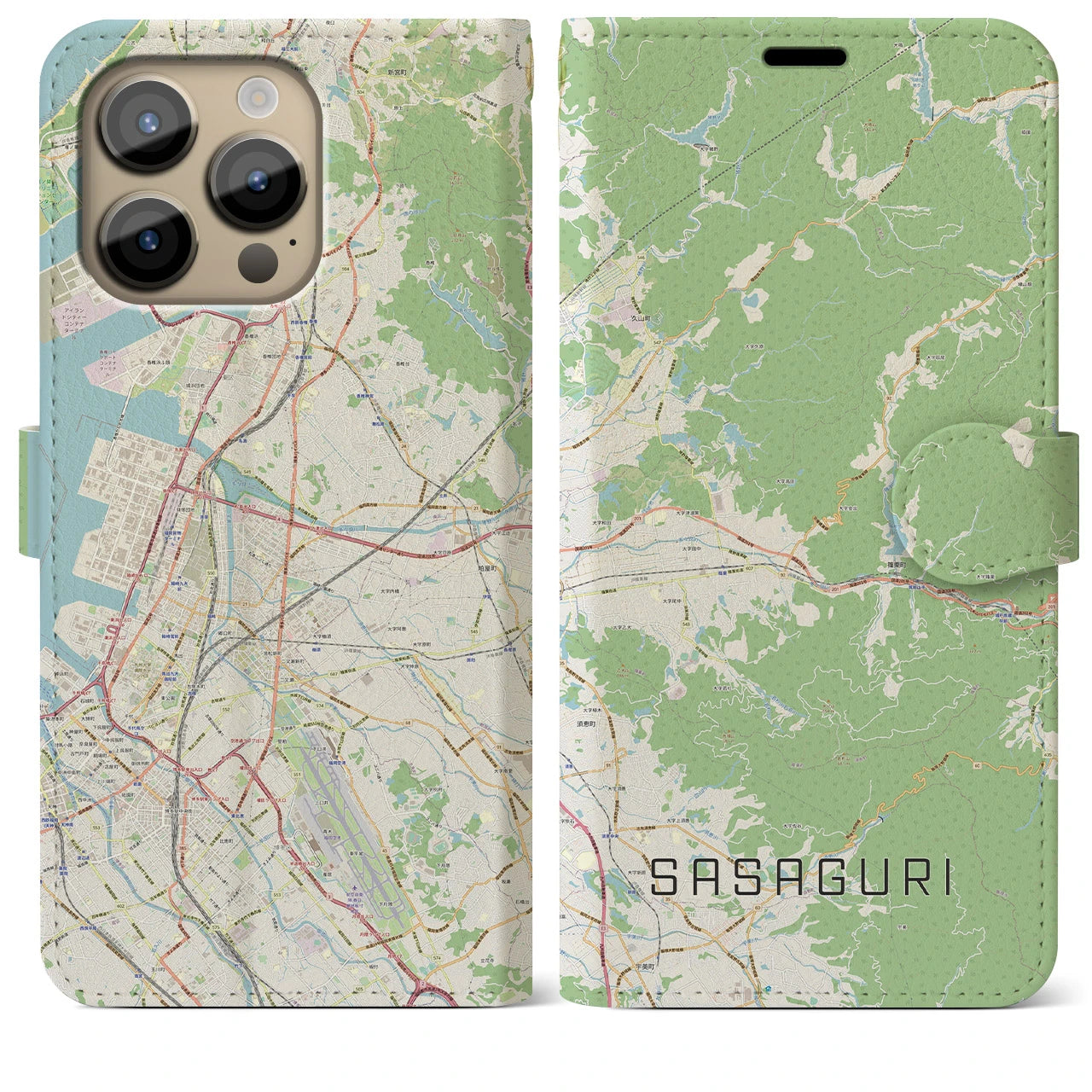 【篠栗(福岡県)】地図柄iPhoneケース(手帳タイプ)ナチュラル・iPhone 14 Pro Max 用