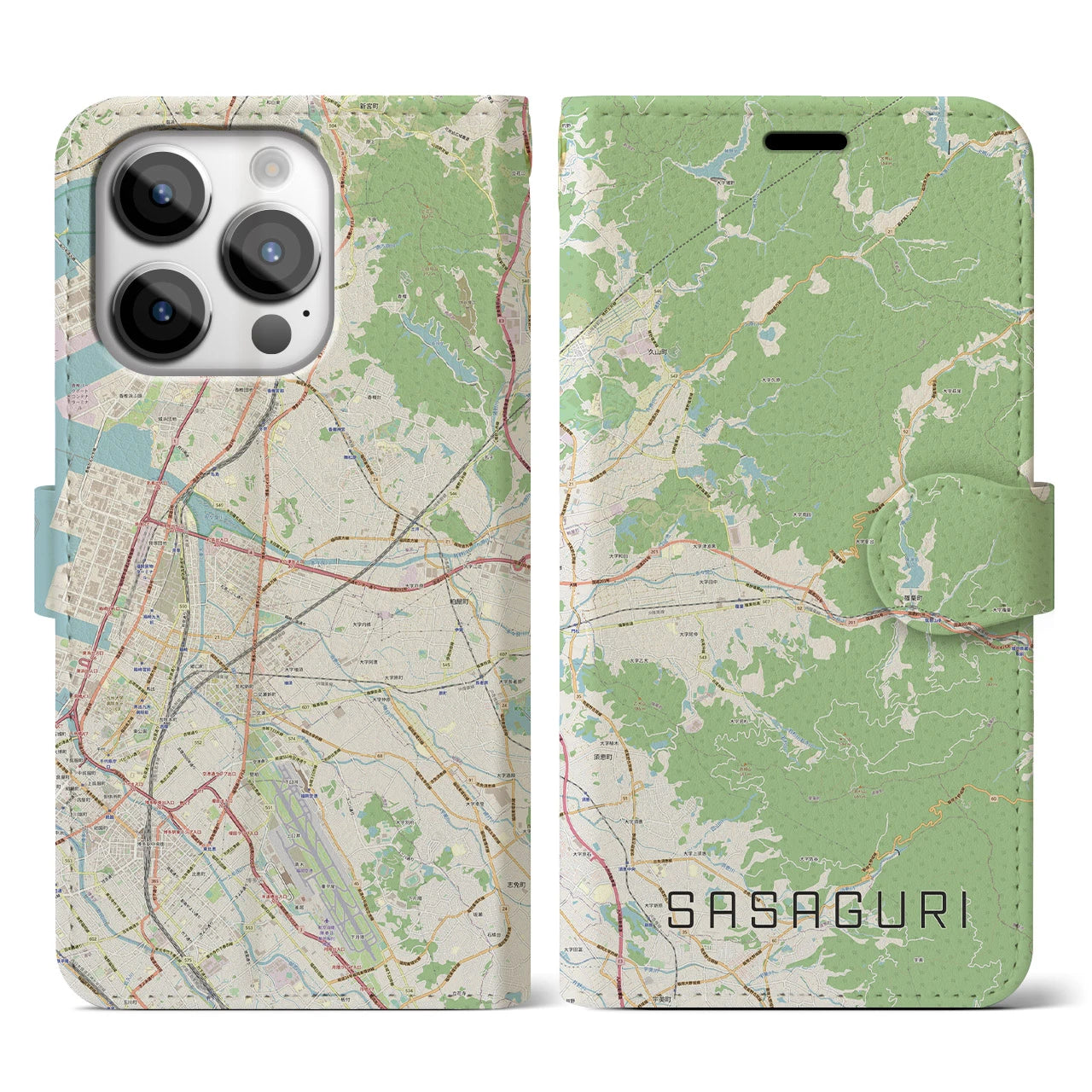 【篠栗(福岡県)】地図柄iPhoneケース(手帳タイプ)ナチュラル・iPhone 14 Pro 用