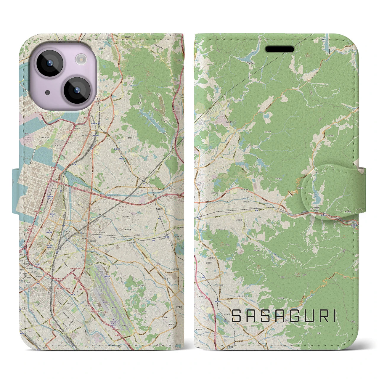 【篠栗(福岡県)】地図柄iPhoneケース(手帳タイプ)ナチュラル・iPhone 14 用