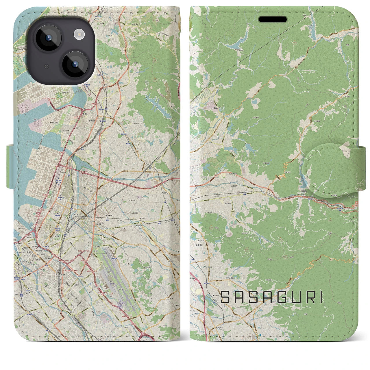 【篠栗(福岡県)】地図柄iPhoneケース(手帳タイプ)ナチュラル・iPhone 14 Plus 用
