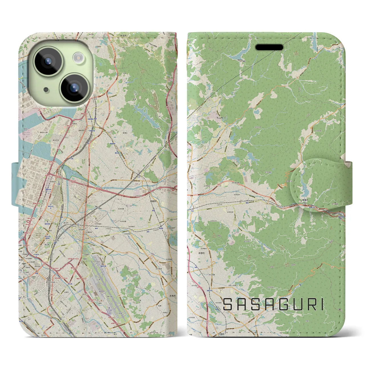 【篠栗(福岡県)】地図柄iPhoneケース(手帳タイプ)ナチュラル・iPhone 15 用